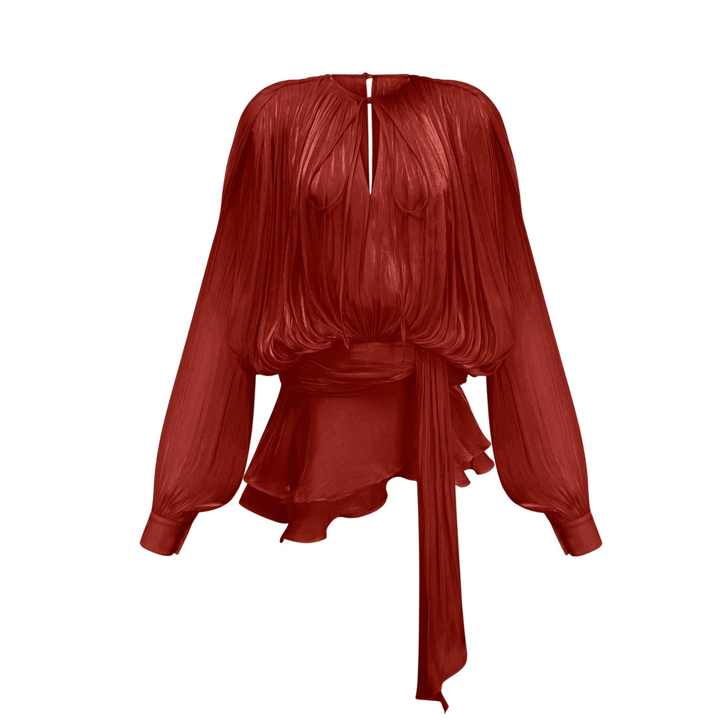 فستان قصير أوجيني أحمر تام مطوي بكشكش