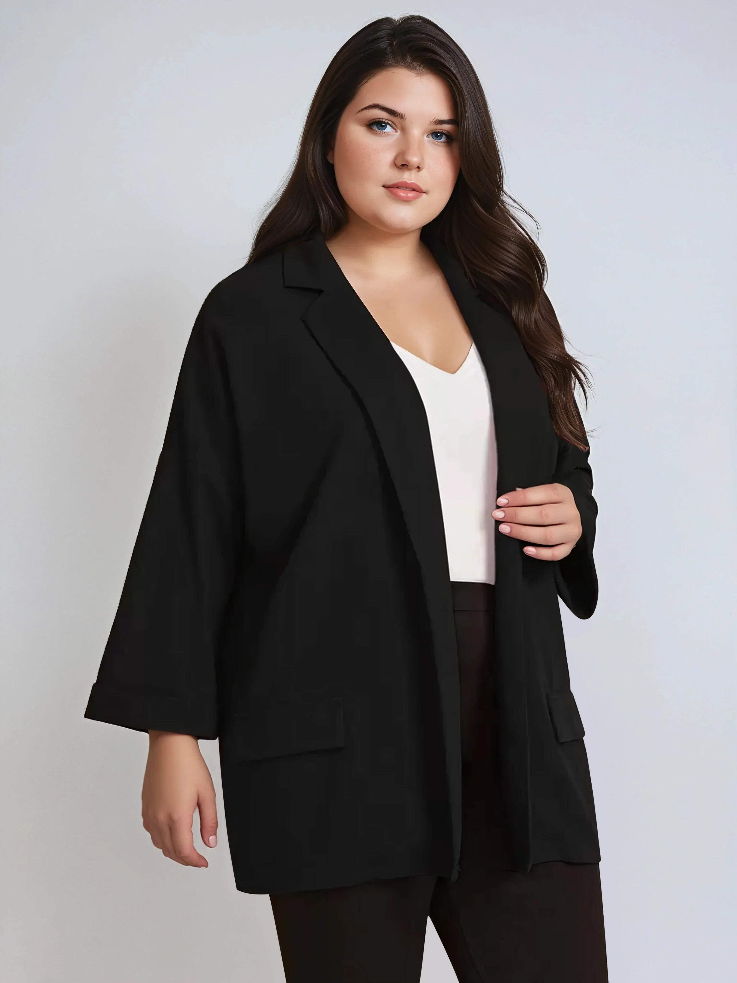 Plus Size Black Drop Shoulder Blazer With Cuffed Sleeves