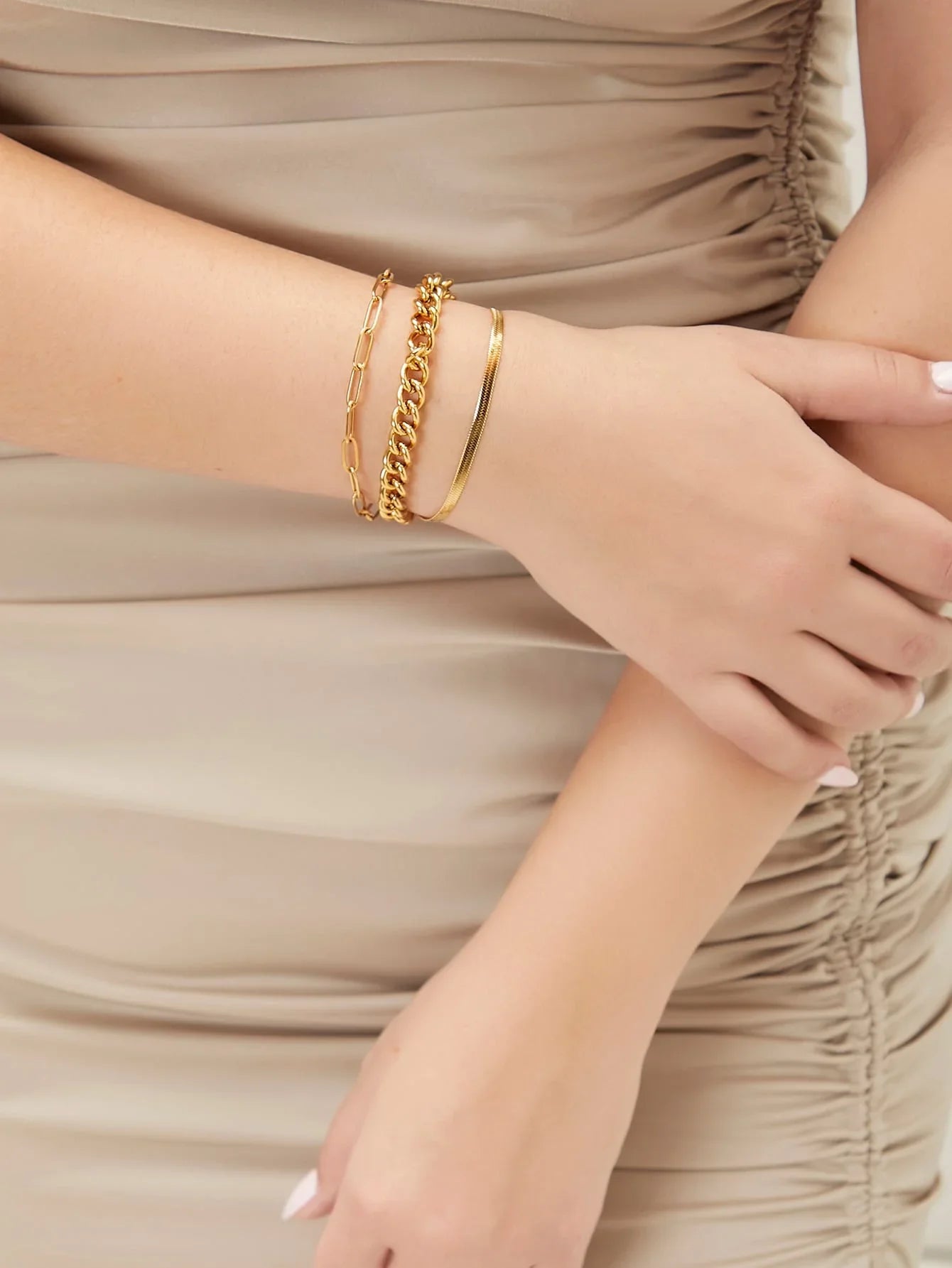 Minimalist Link Bracelet Three Piece Stainless Steel Gold