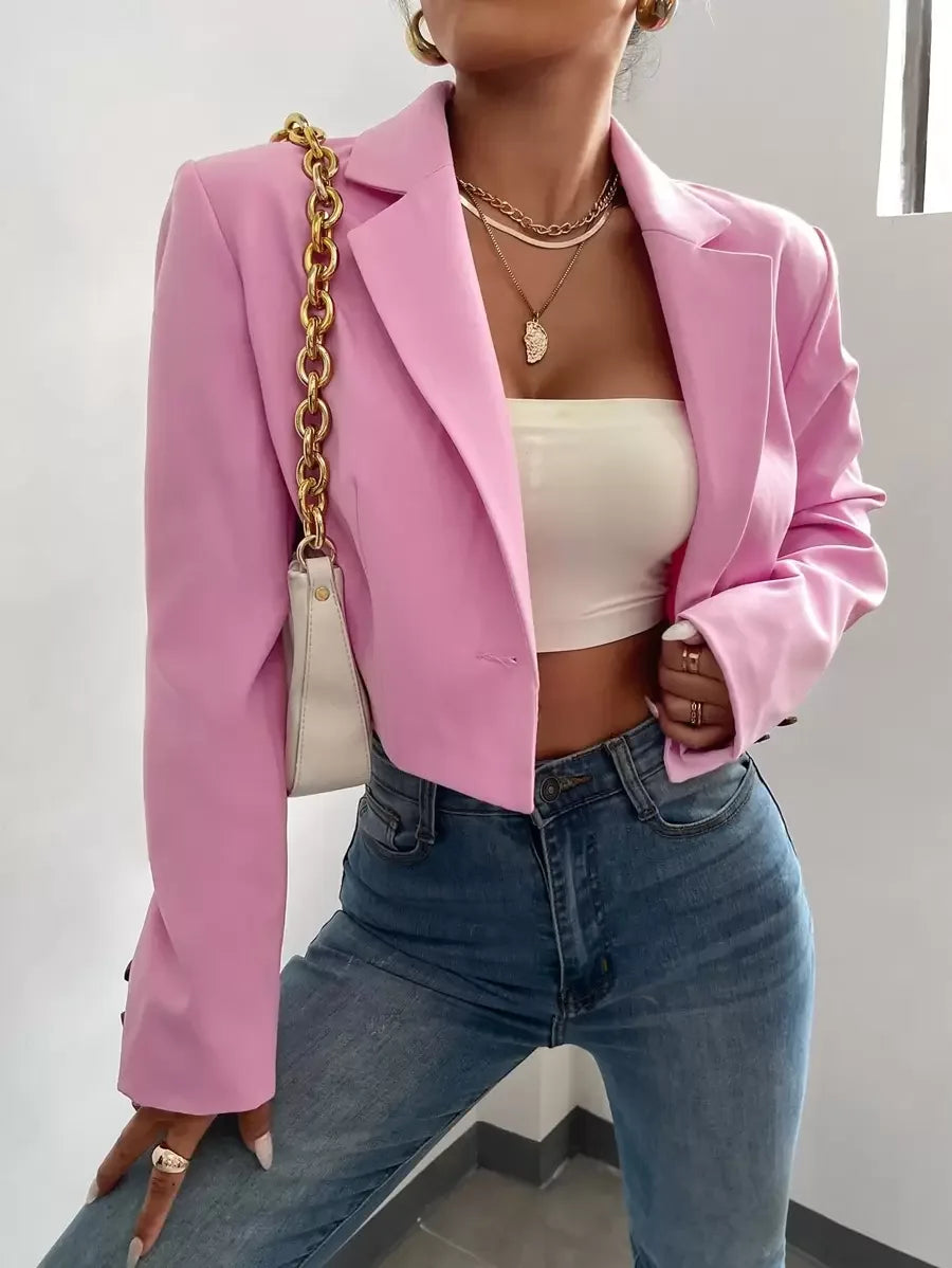 Lapel Neck Single Button Blazer Luxe Woven Crop Fit