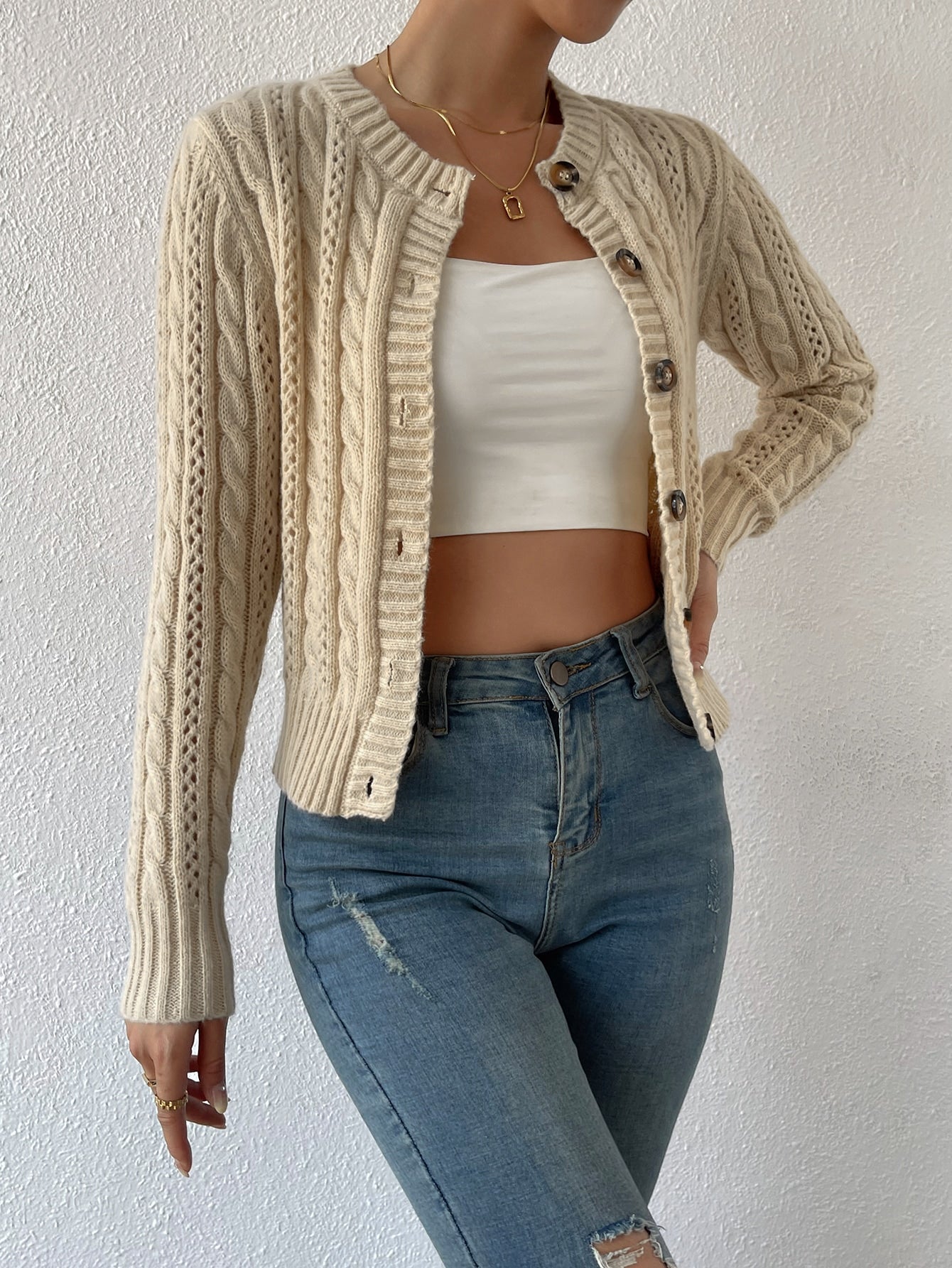 Apricot Eyelet Cable Knit Cardigan Long Sleeve