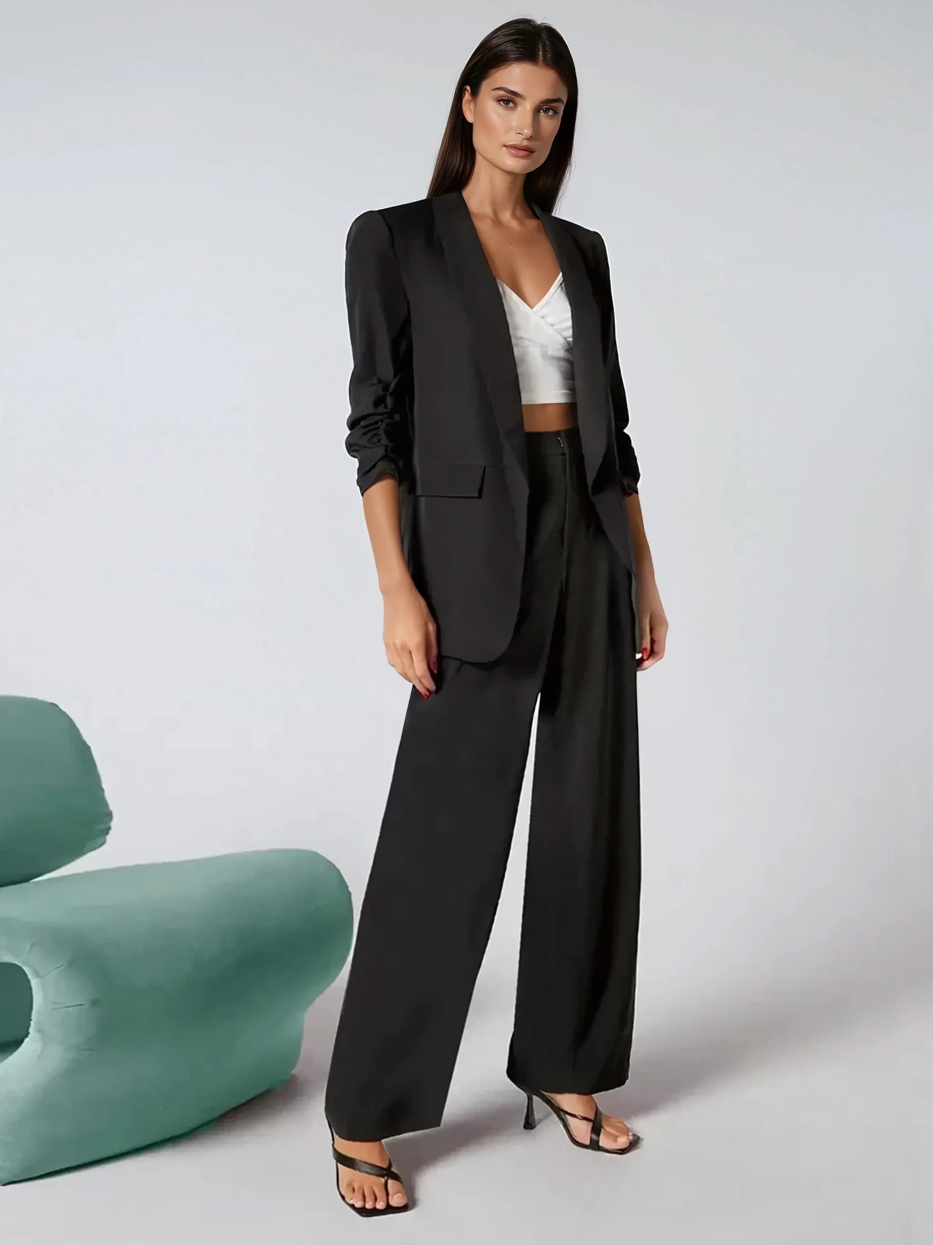Elegant Blazer With Ruffle Sleeves And Shawl Collar