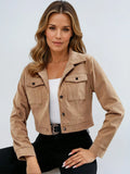 Corduroy Crop Jacket With Flap Pockets Button Front