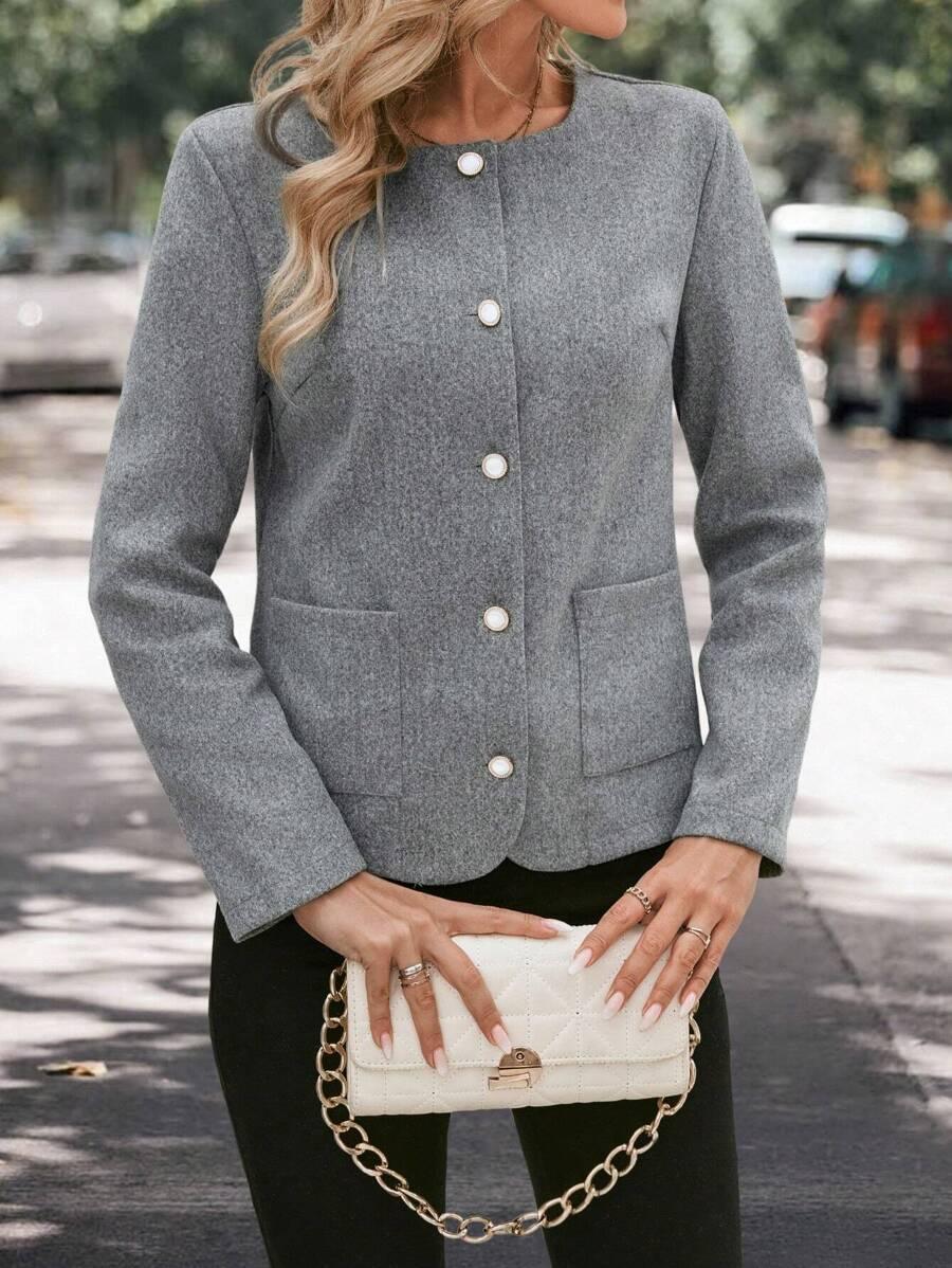 Plaid Woolen Jacket Round Neck Long Sleeve Unlined Warm