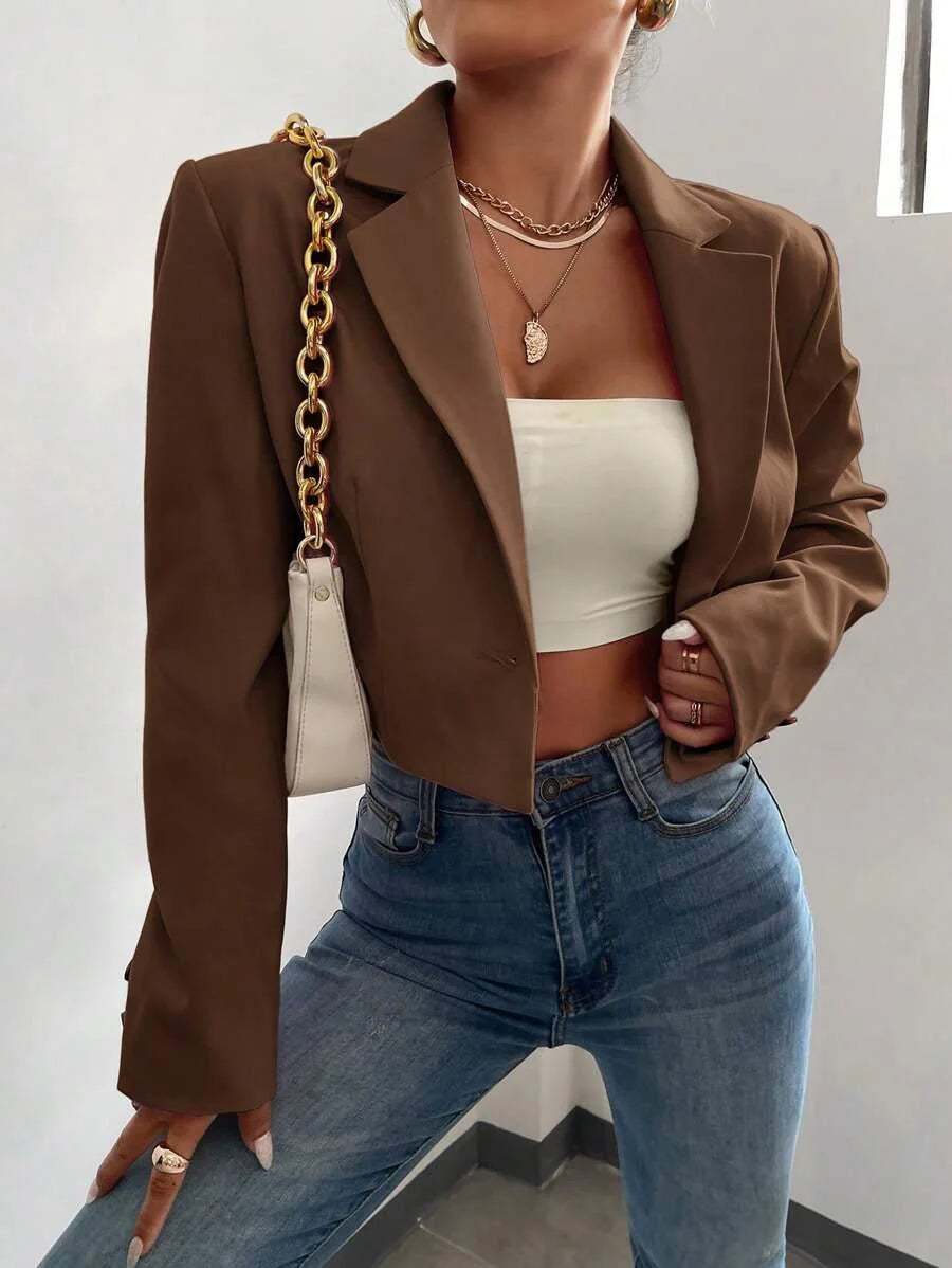 Lapel Neck Single Button Blazer Luxe Woven Crop Fit