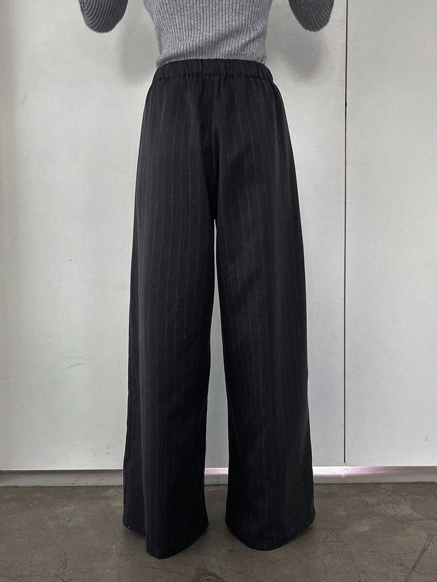 Minimalist Wide Leg Pants For Women Casual Solid Color Long Loose Mid Waist Trousers