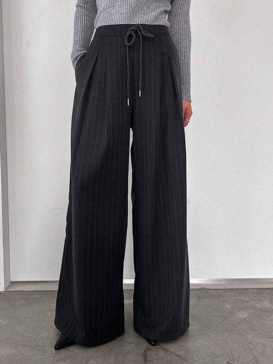 Minimalist Wide Leg Pants For Women Casual Solid Color Long Loose Mid Waist Trousers