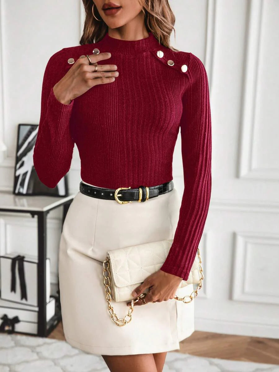 Burgundy Stand Collar Button Detail Slim Fit Long Sleeve Rib Knit Tee For Office And Casual