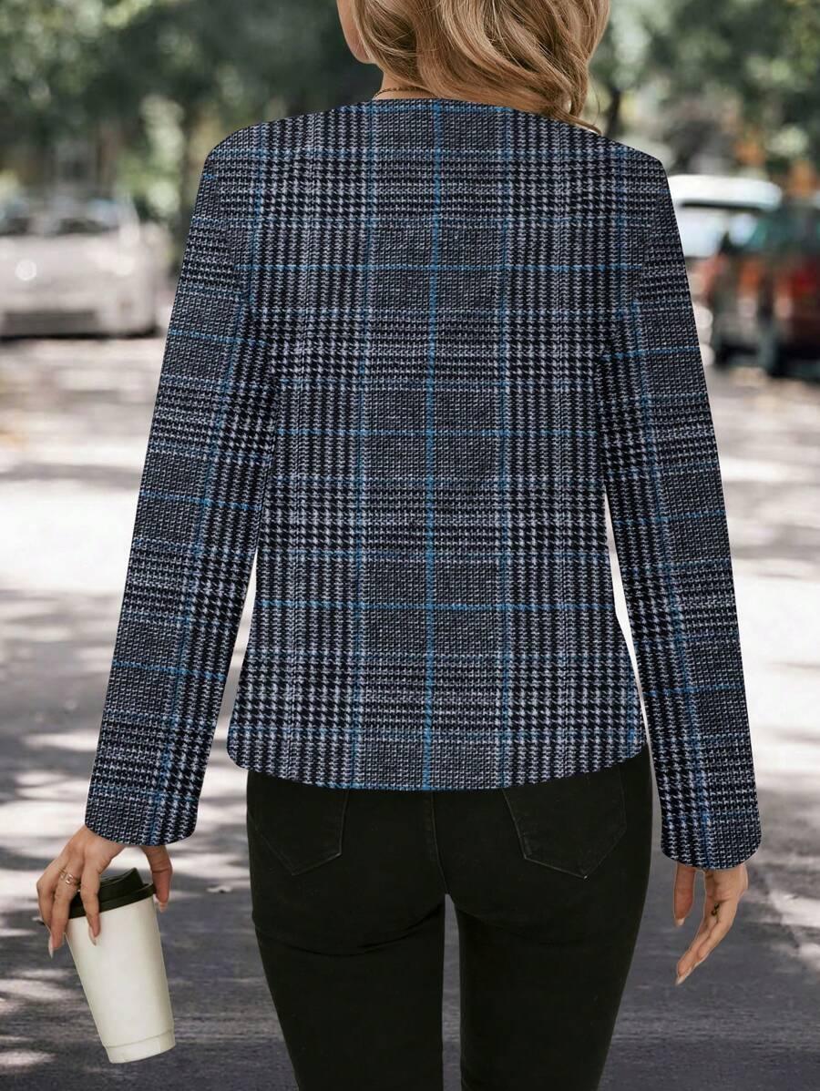 Plaid Woolen Jacket Round Neck Long Sleeve Unlined Warm
