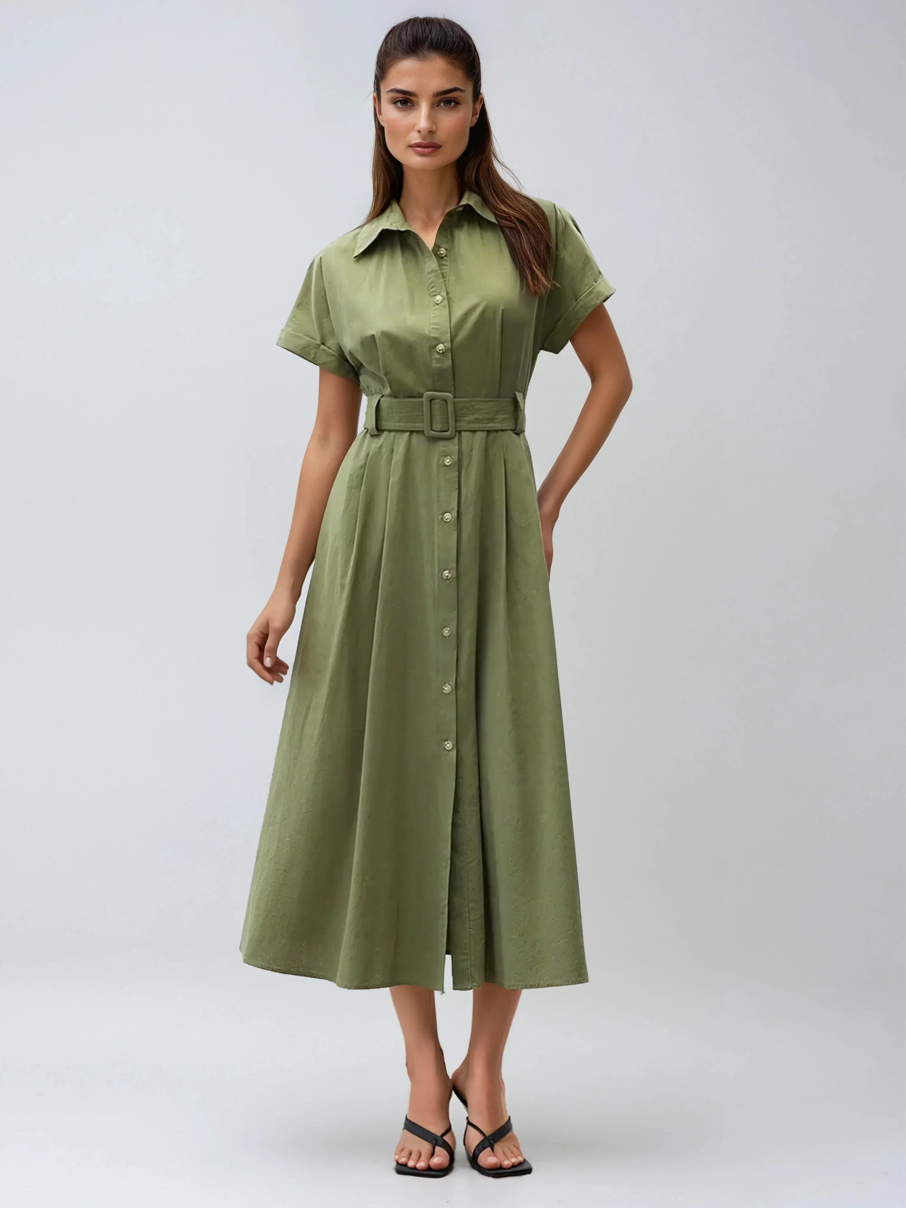 Casual Shirt Dress With Collar And Pockets Breathable