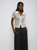 Lined Cashmere Blend Knit Sweater Turndown Collar Stripe