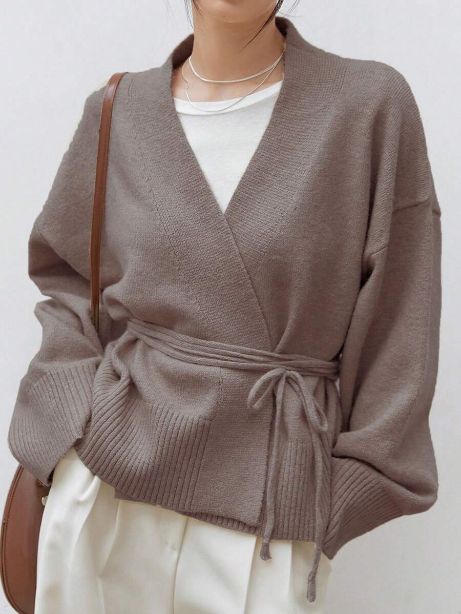 Apricot Belted Drop Shoulder Cardigan