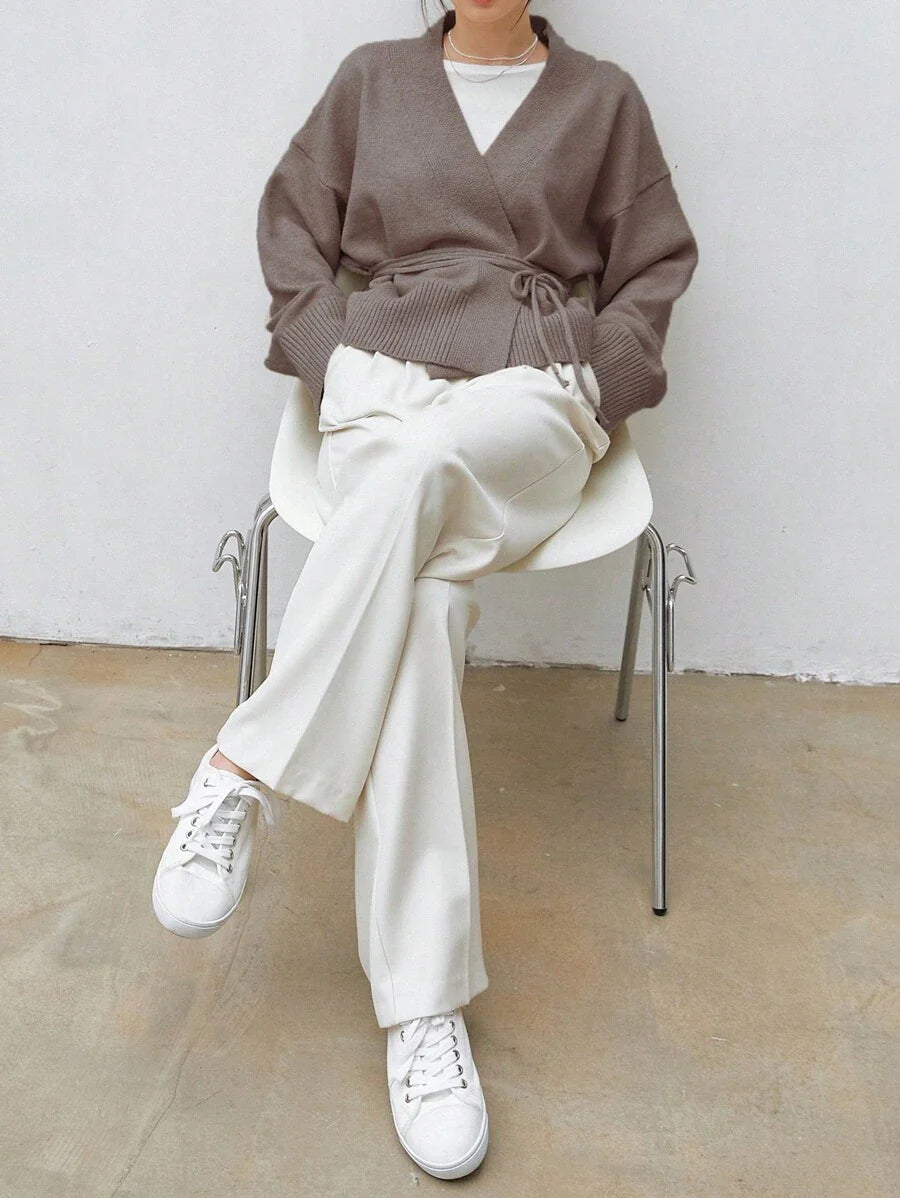 Apricot Belted Drop Shoulder Cardigan