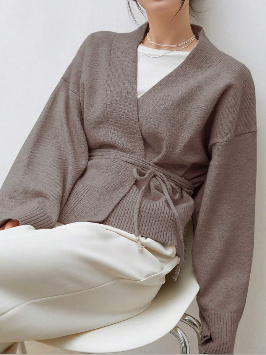 Apricot Belted Drop Shoulder Cardigan