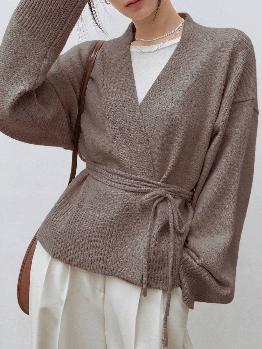 Apricot Belted Drop Shoulder Cardigan