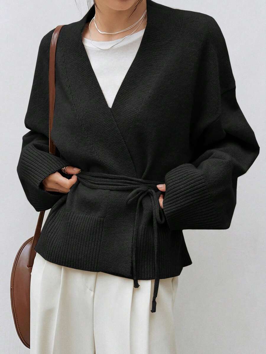 Apricot Belted Drop Shoulder Cardigan
