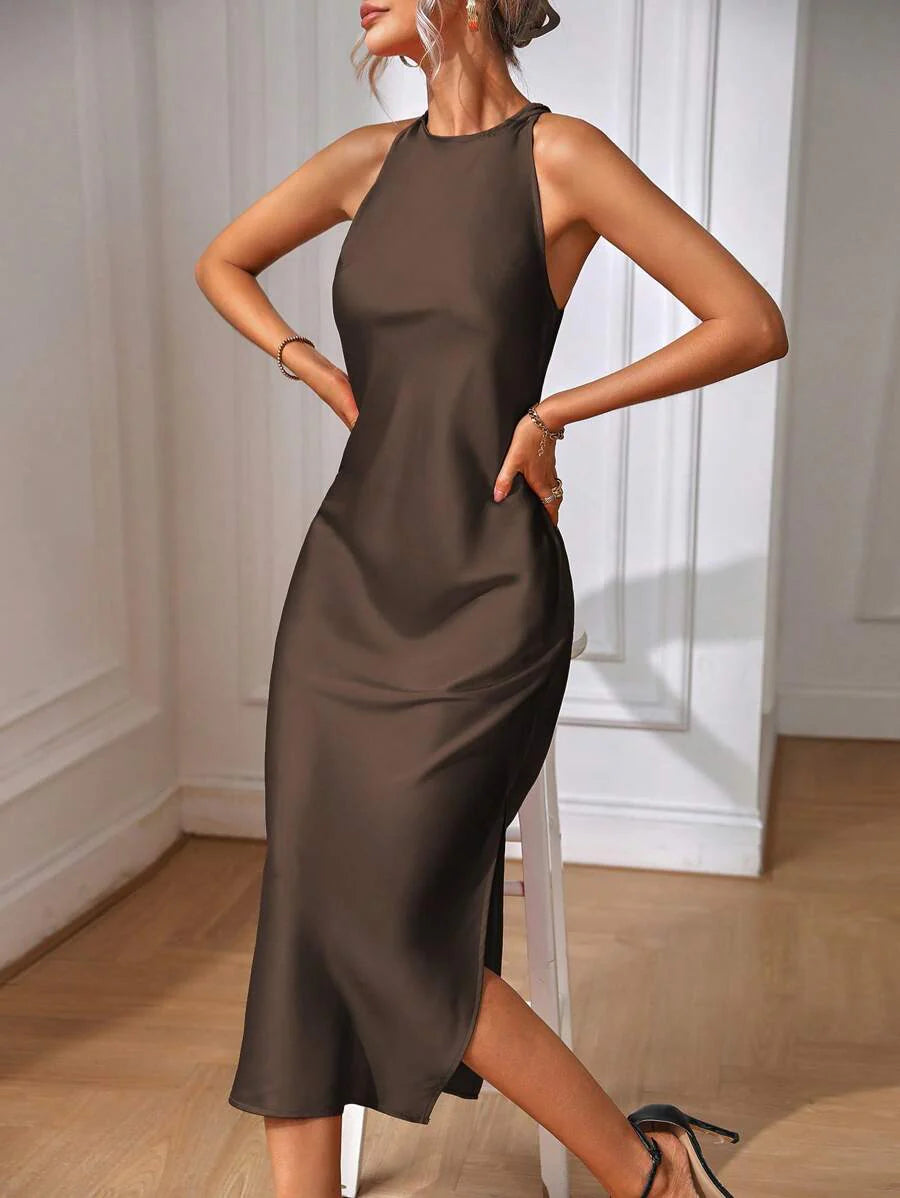 Satin Maxi Dress Sleeveless Split Thigh Wedding