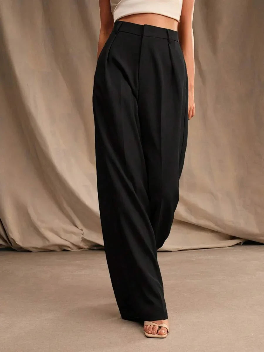 High Waist Wide Leg Trousers With Pleats And Zipper
