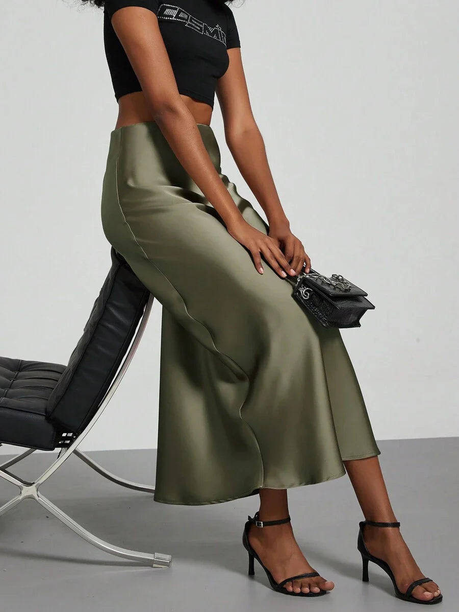 Elastic Satin Maxi Skirt