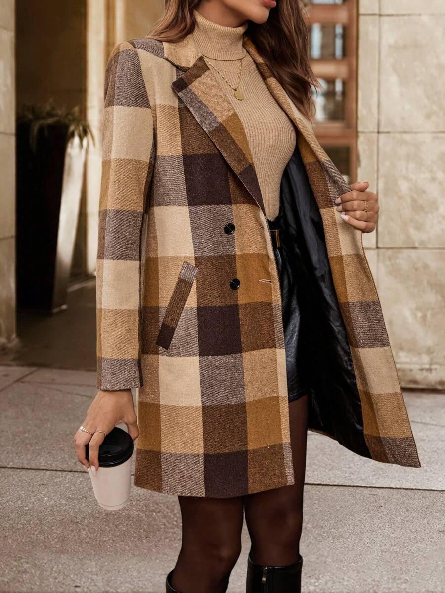 Timeless Plaid Wool Coat Turndown Collar Double Breasted
