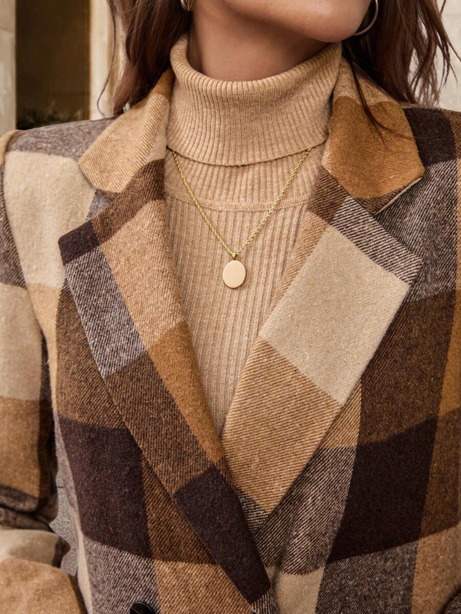 Timeless Plaid Wool Coat Turndown Collar Double Breasted
