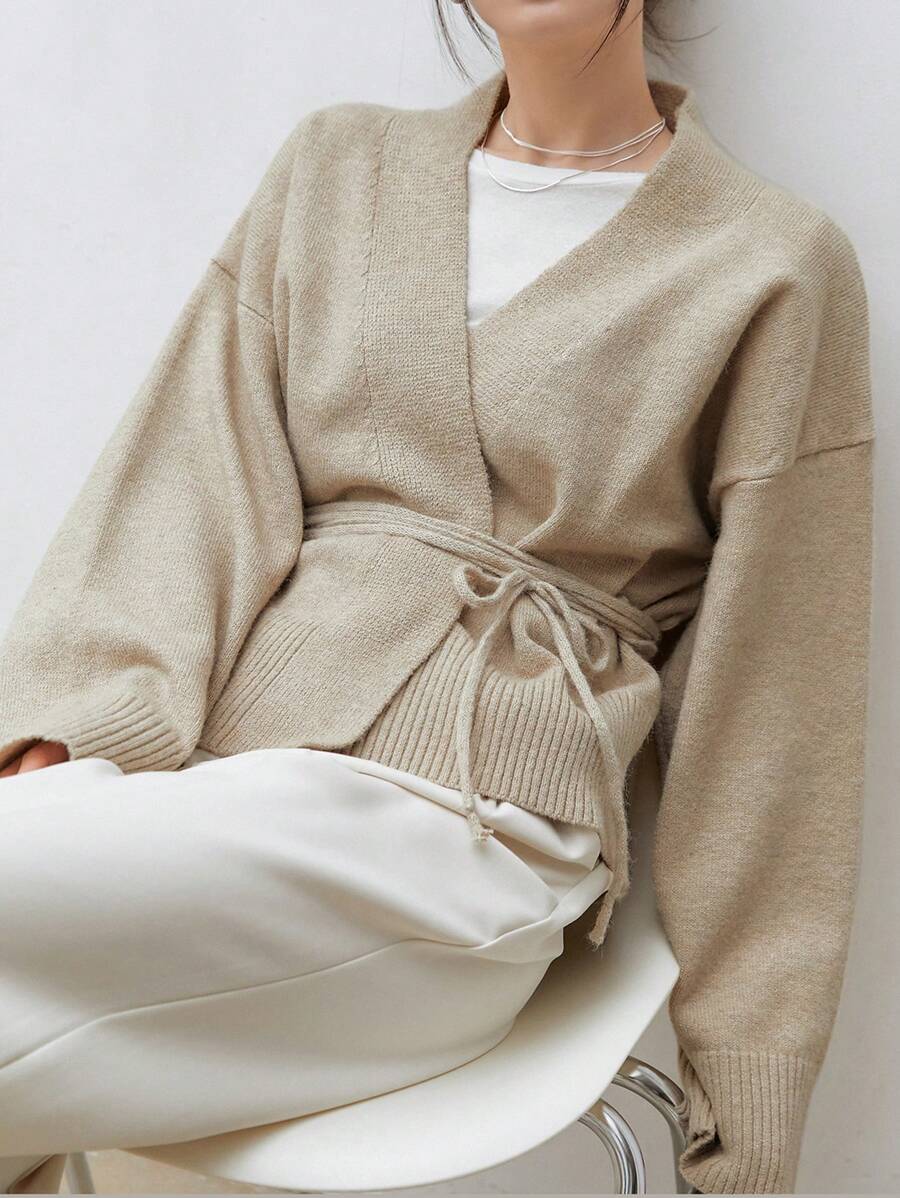 Apricot Belted Drop Shoulder Cardigan