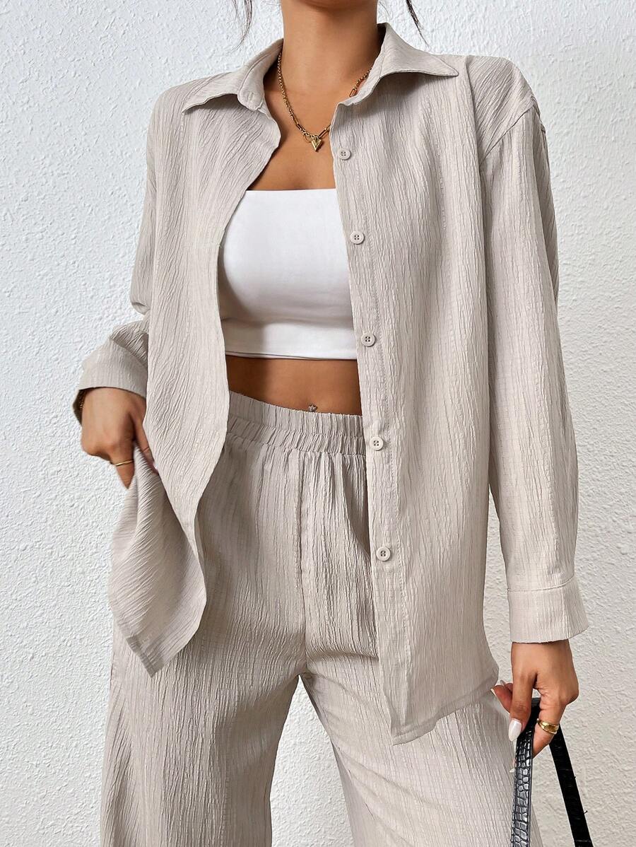 Petite Black Two Piece Office Set Blouse And Pants With Single Breasted Button Front