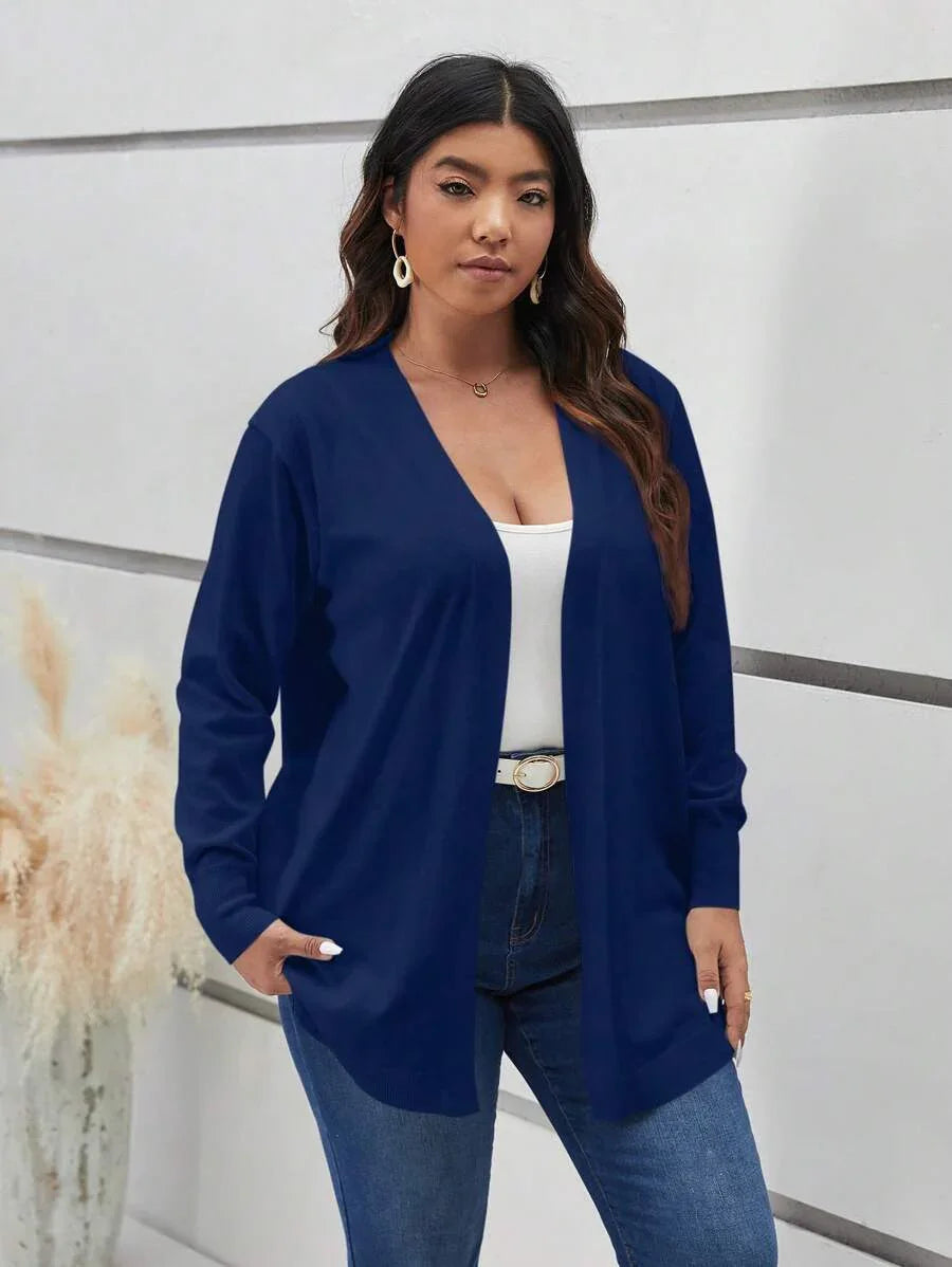 Cozy Open Front Black Knit Cardigan Thigh Length For Fall