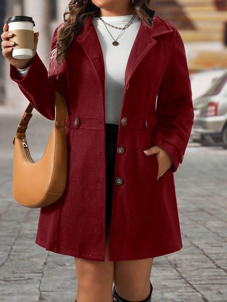 Plus Size Knit Coat Black Lapel Button Decor Waisted Midi