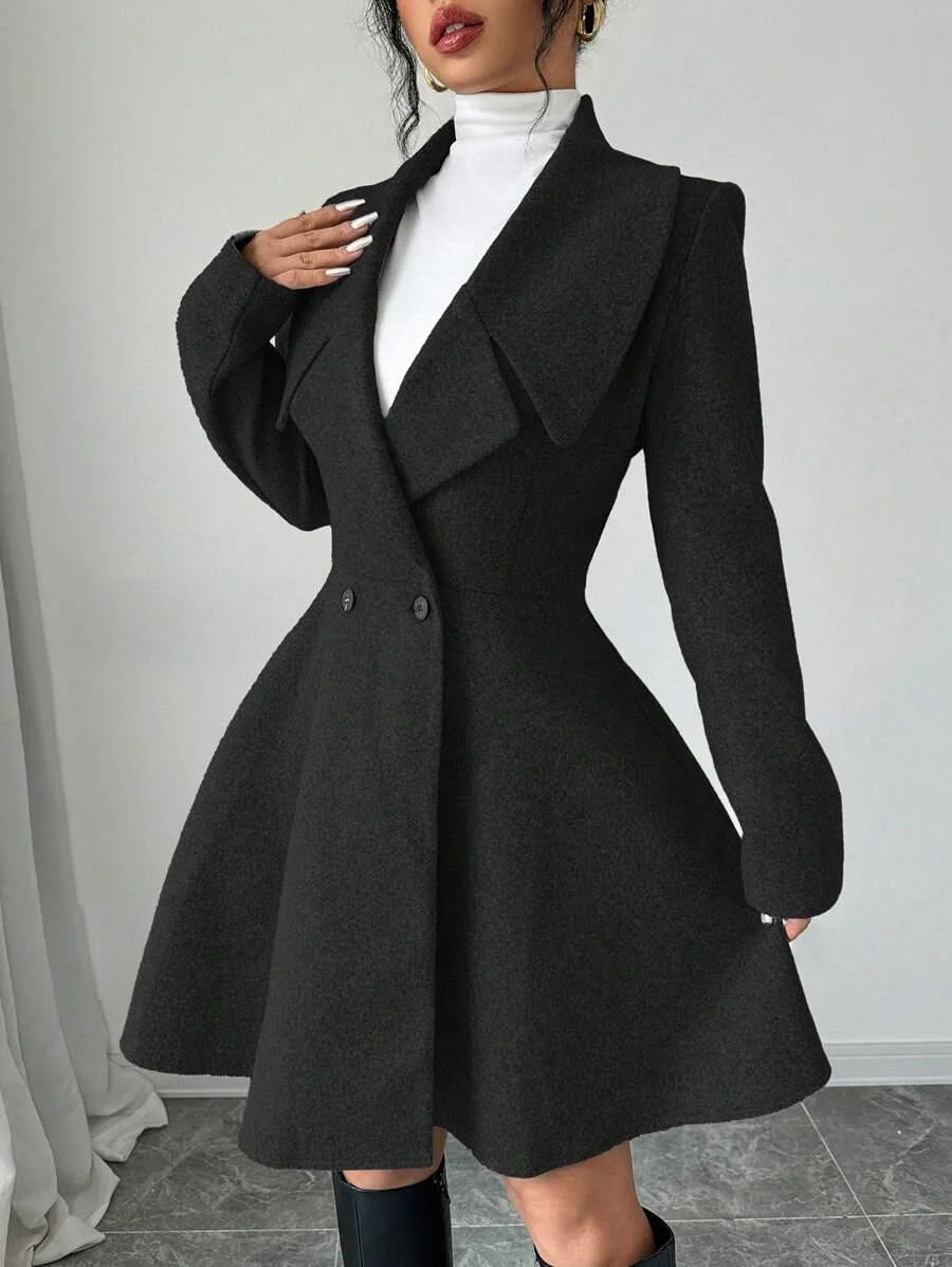 Elegant Minimalist Wool Overcoat With Waterfall Neckline