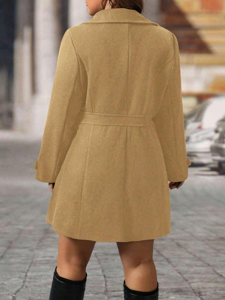 Plus Size Knit Coat Black Lapel Button Decor Waisted Midi
