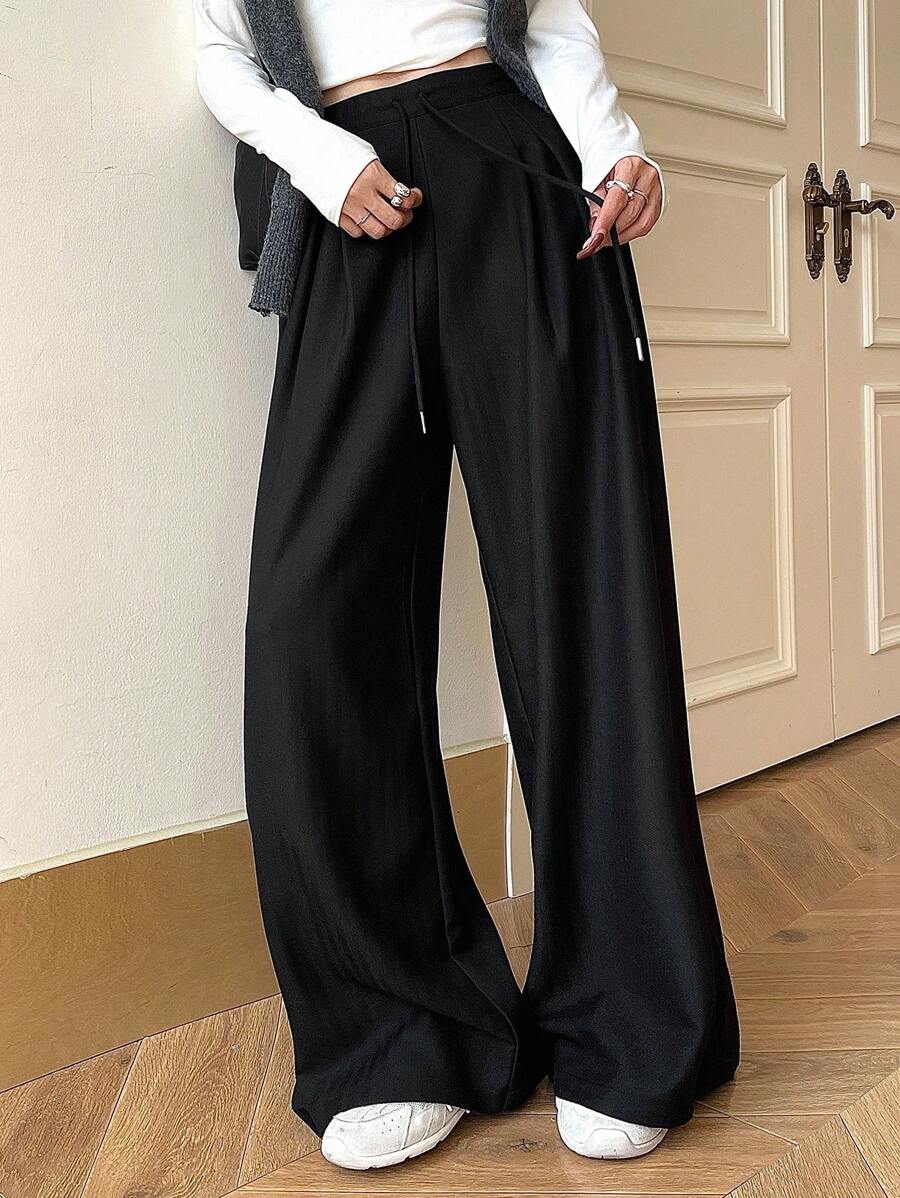 Minimalist Wide Leg Pants For Women Casual Solid Color Long Loose Mid Waist Trousers