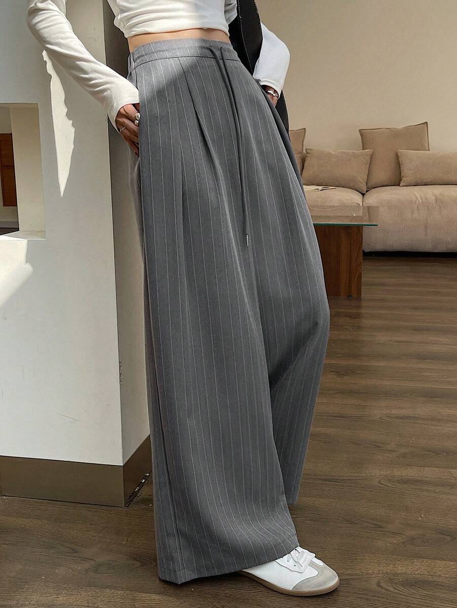 Minimalist Wide Leg Pants For Women Casual Solid Color Long Loose Mid Waist Trousers