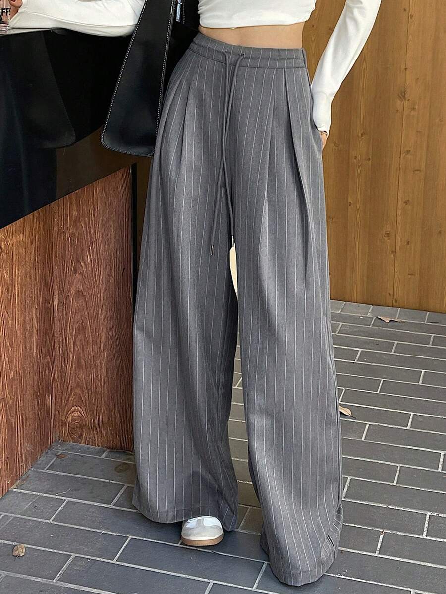 Minimalist Wide Leg Pants For Women Casual Solid Color Long Loose Mid Waist Trousers