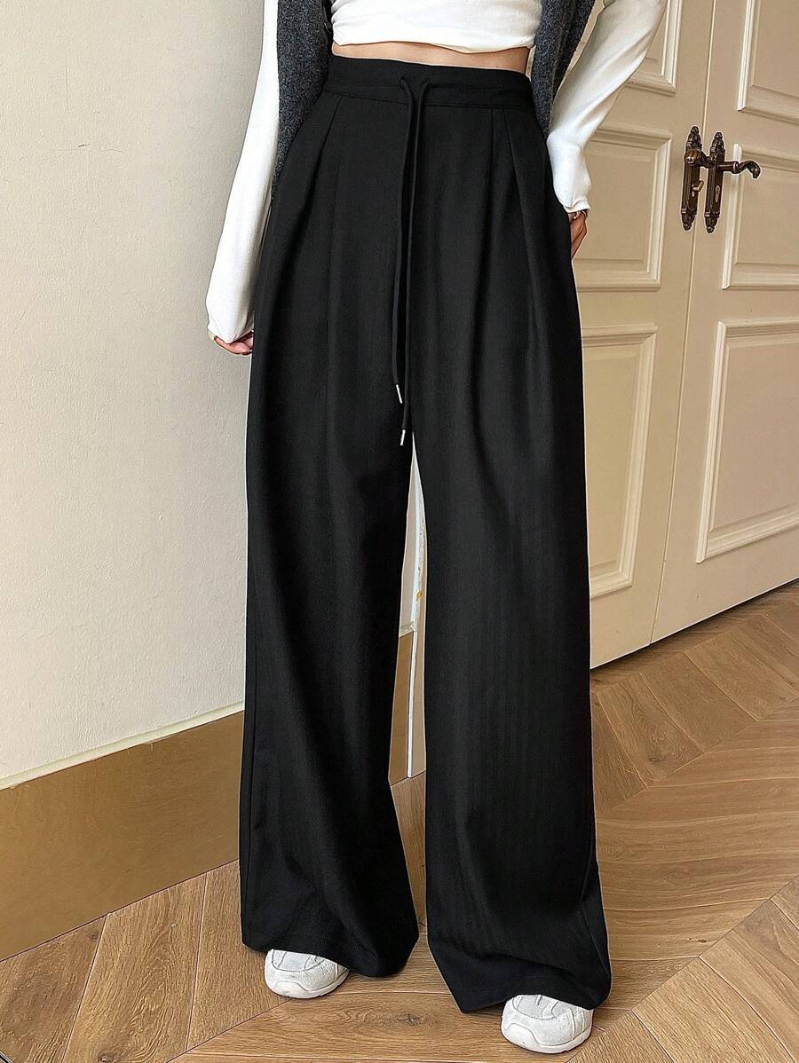 Minimalist Wide Leg Pants For Women Casual Solid Color Long Loose Mid Waist Trousers