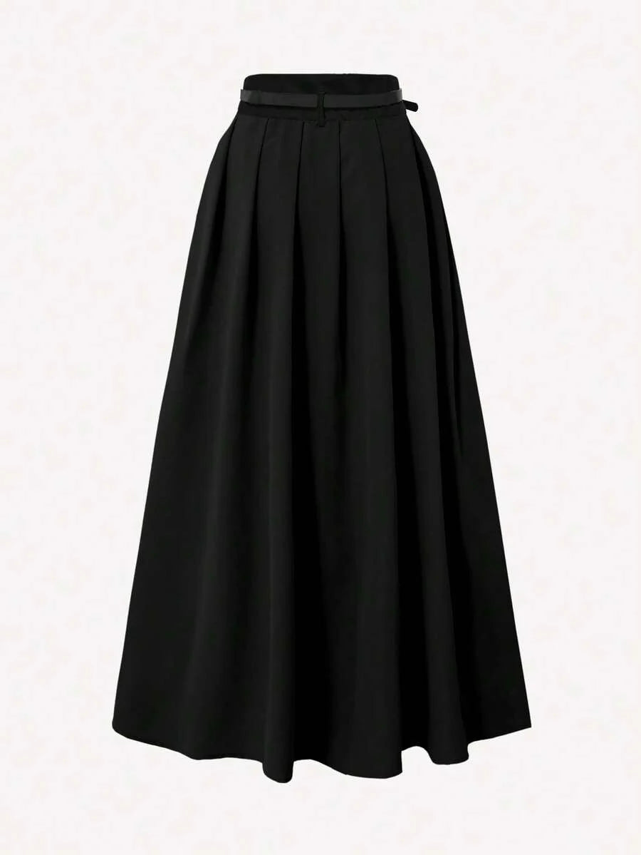Pleated High Waist Decorative Belt Skirt With Pockets