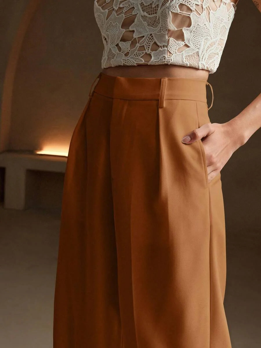 High Waist Wide Leg Trousers With Pleats And Zipper