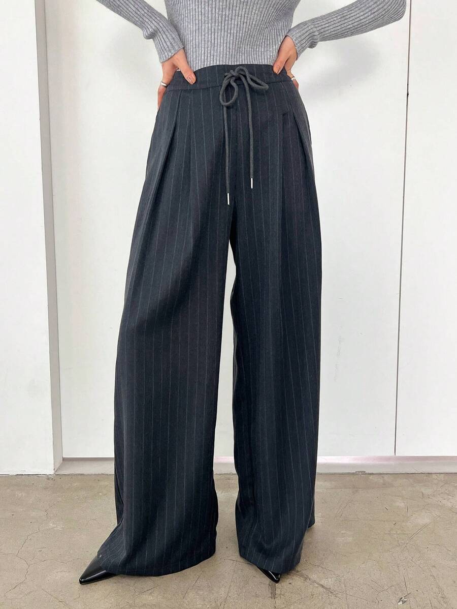 Minimalist Wide Leg Pants For Women Casual Solid Color Long Loose Mid Waist Trousers