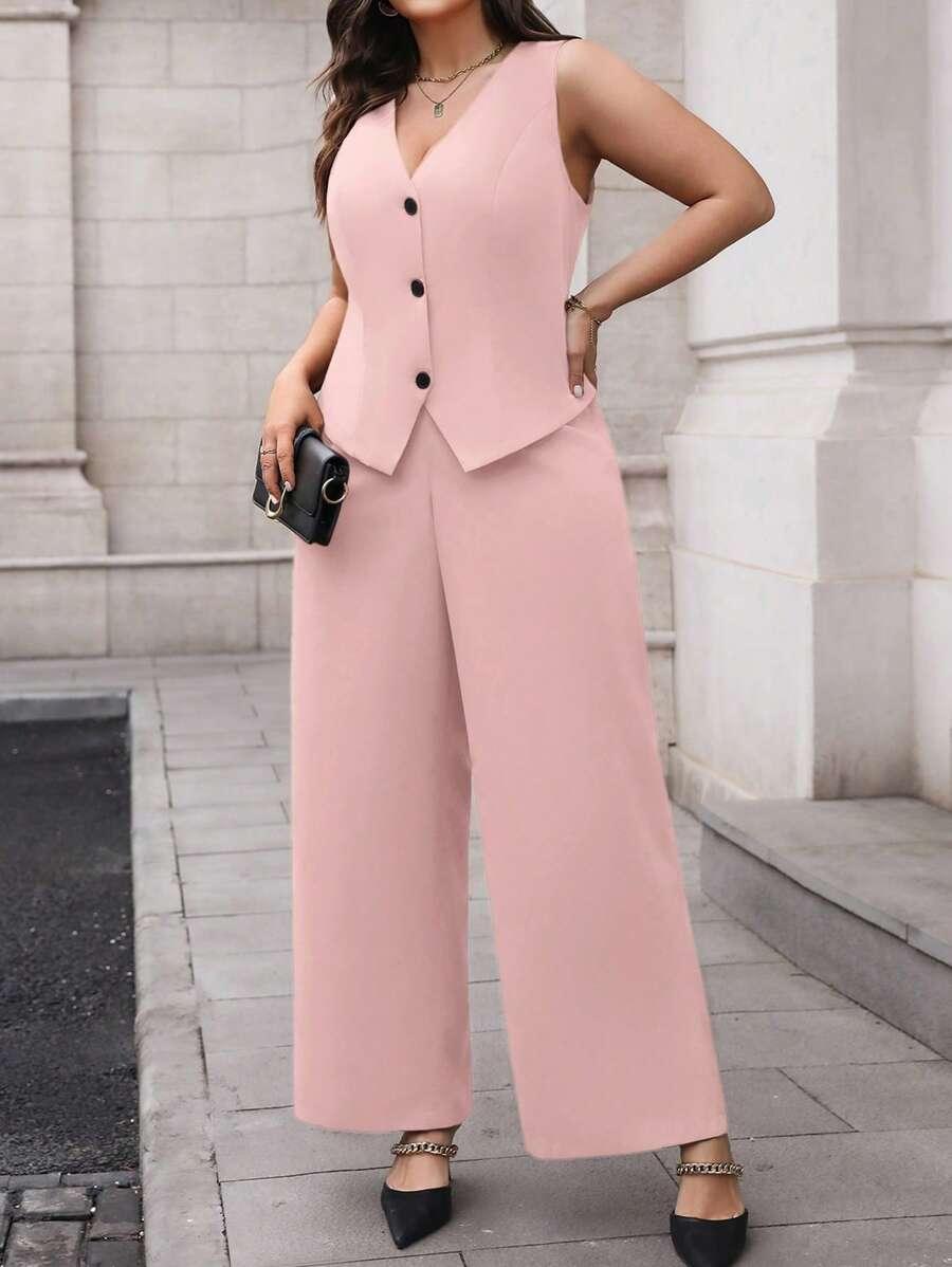 Plus Size Waistcoat And Pants Suit Set Elegant Black
