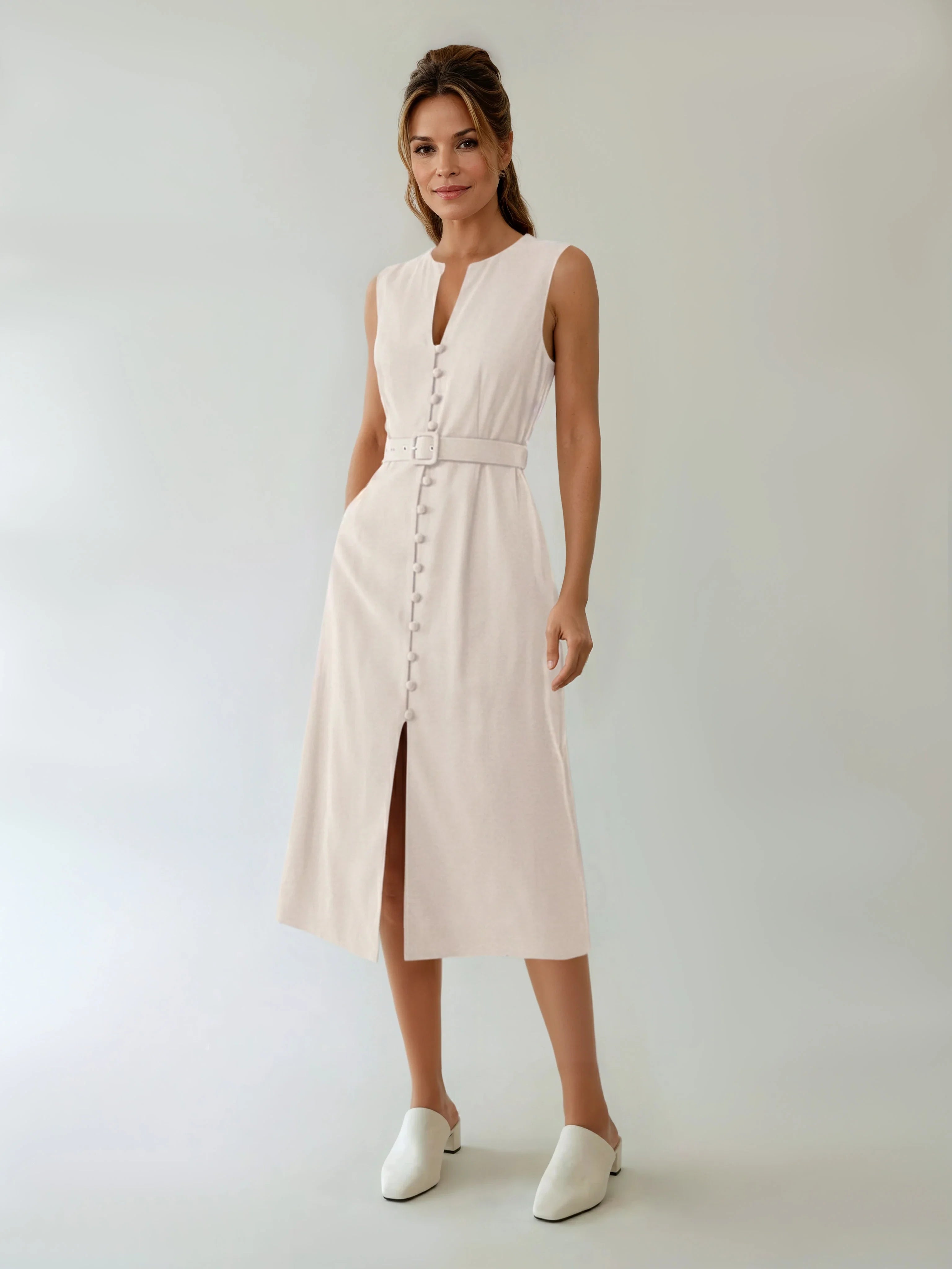 Belted Linen Sleeveless Notched Neck Midi Dress With Colorblock Panels For Elegant Formal Evenings