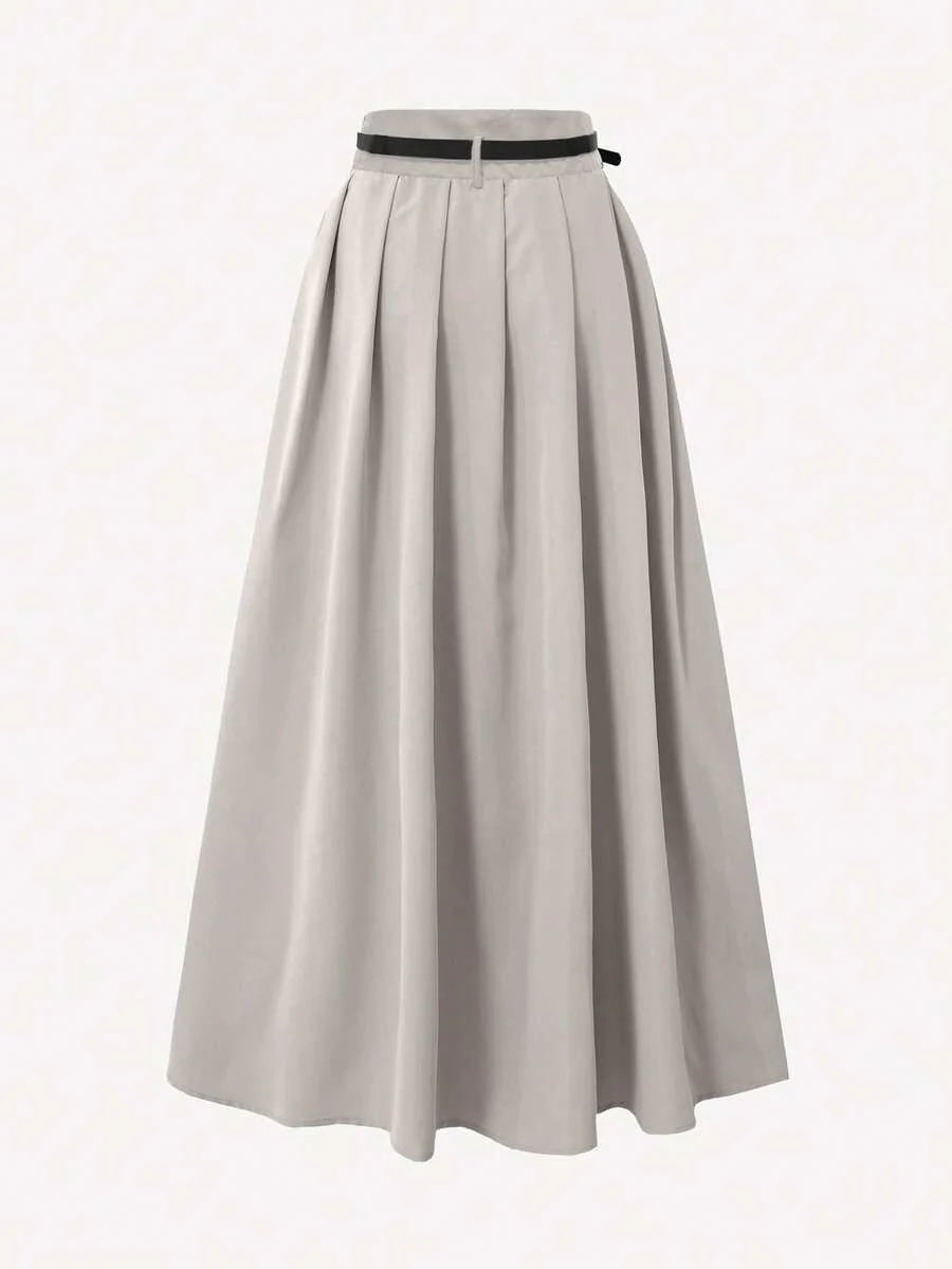 Pleated High Waist Decorative Belt Skirt With Pockets