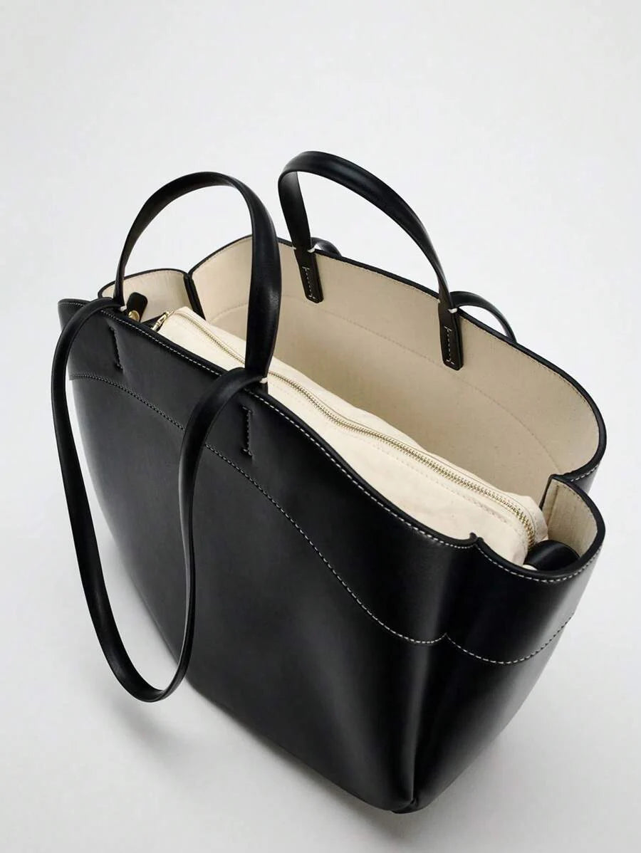 Pleated PU Tote Bag Large Capacity With Double Handles