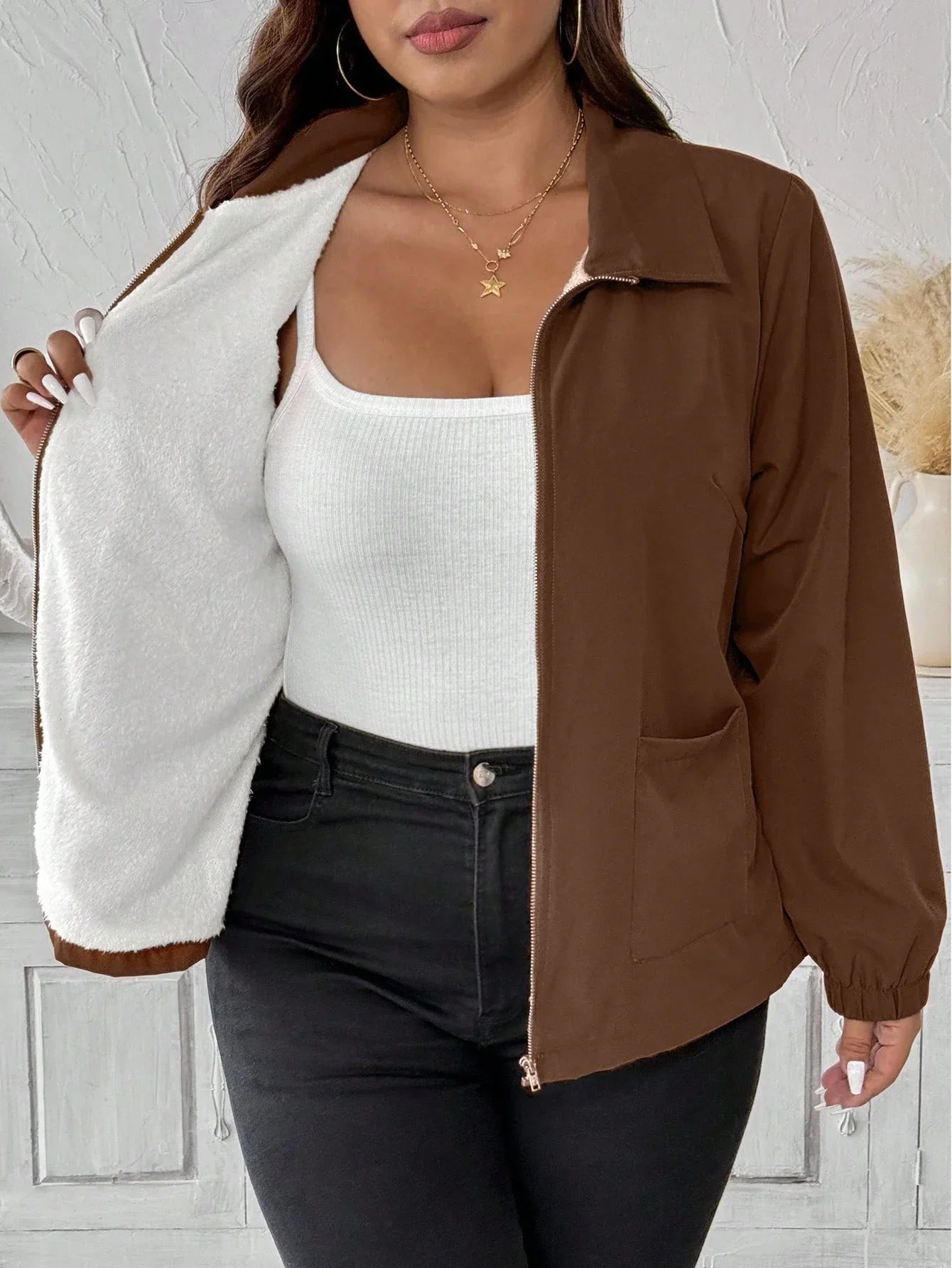 Plus Size Fleece Lined Zip Front Casual Jacket With Pockets