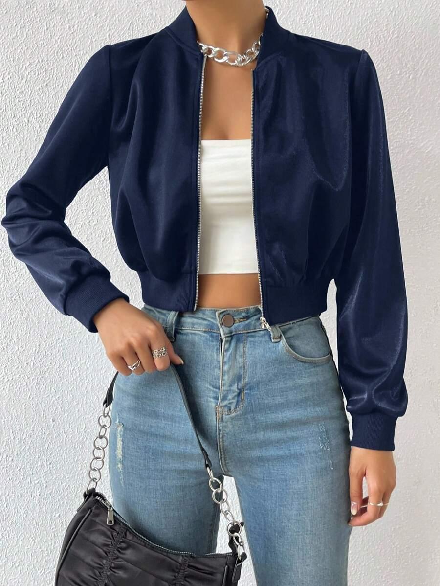 Solid Zip Up Crop Bomber Jacket With Baseball Collar