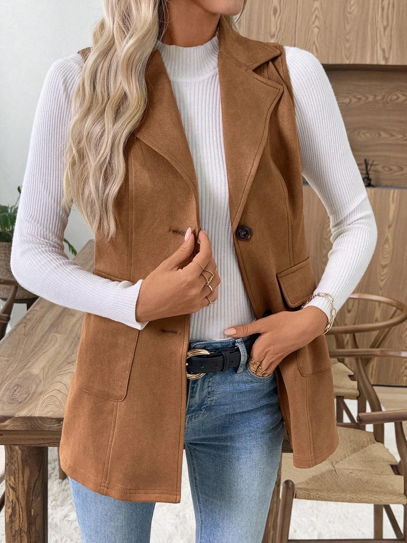 Sleeveless Lapel Neck Vest Blazer Slim Fit With Pockets