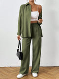 Petite Black Two Piece Office Set Blouse And Pants With Single Breasted Button Front