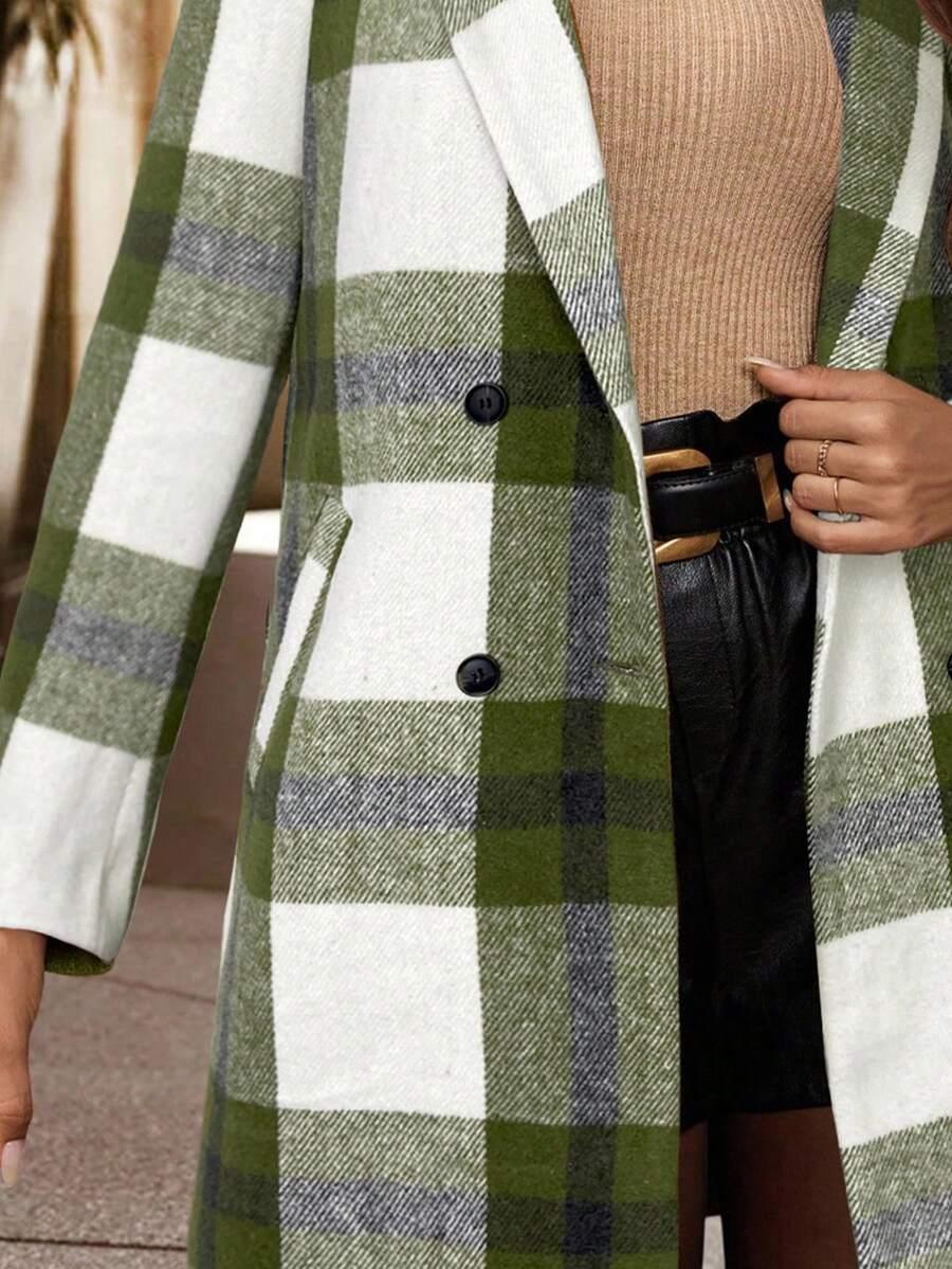 Timeless Plaid Wool Coat Turndown Collar Double Breasted