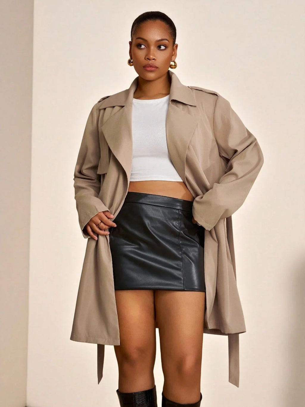 Plus Size Trench Coat Two Piece Belted Beige Minimalist