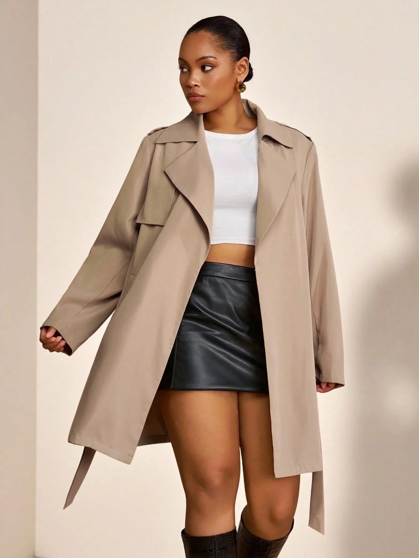 Plus Size Trench Coat Two Piece Belted Beige Minimalist
