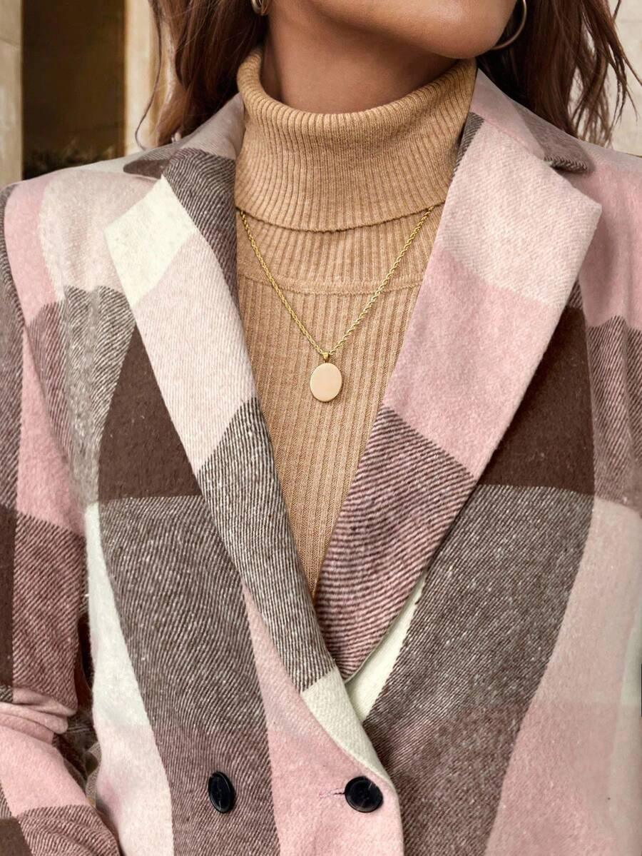 Timeless Plaid Wool Coat Turndown Collar Double Breasted